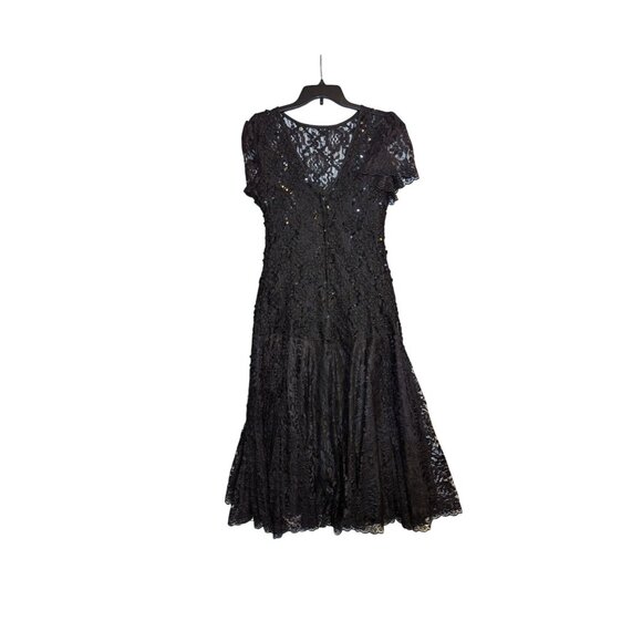 Vintage 80s HW Collections Black Lace Dress With Sequins Drop Waist Design Flutt - Picture 7 of 10